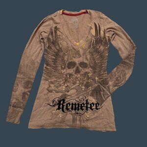 Remetee Womens Long Sleeve V-Neck Skull Graphic Top Medium Brown/Gold Printed De